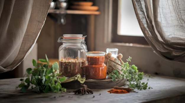 kuchnia z przyprawami i naczyniami